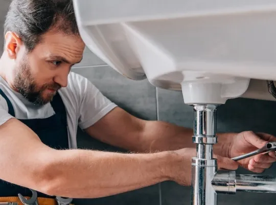 Man fixing leak under sink